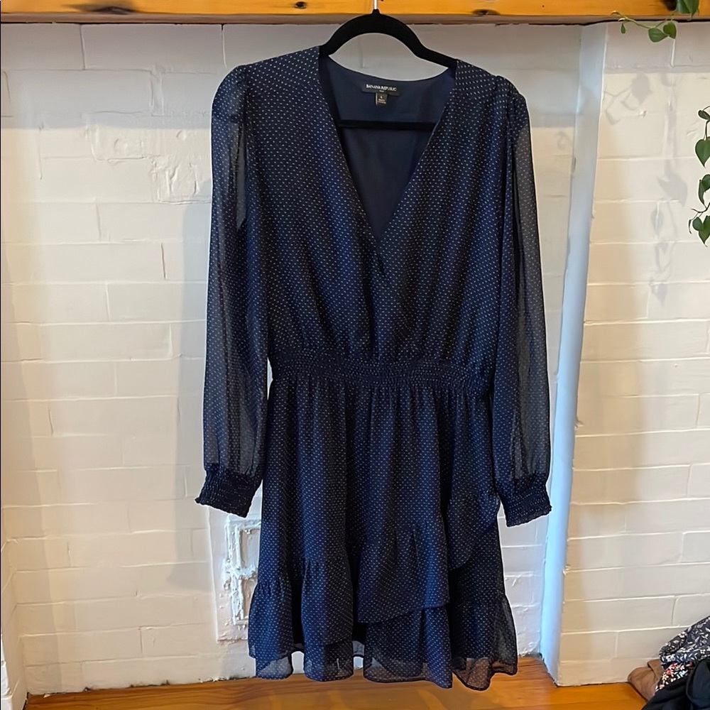 Banana Republic Navy Ruffled Tiered Long Sleeve Dress
